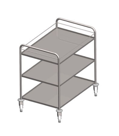 Stainless steel service trolleys with three pressed shelves and fall protection rod