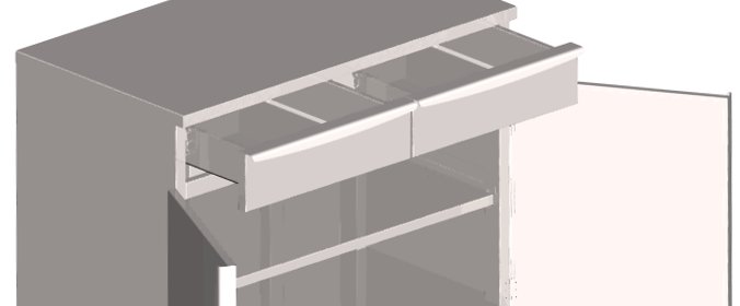 Modulo di servizio acciaio inox armadiato con cassetti e porte a battente
